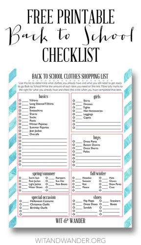 Free Printable Back to School Clothes Shopping Checklist - Wit & Wander