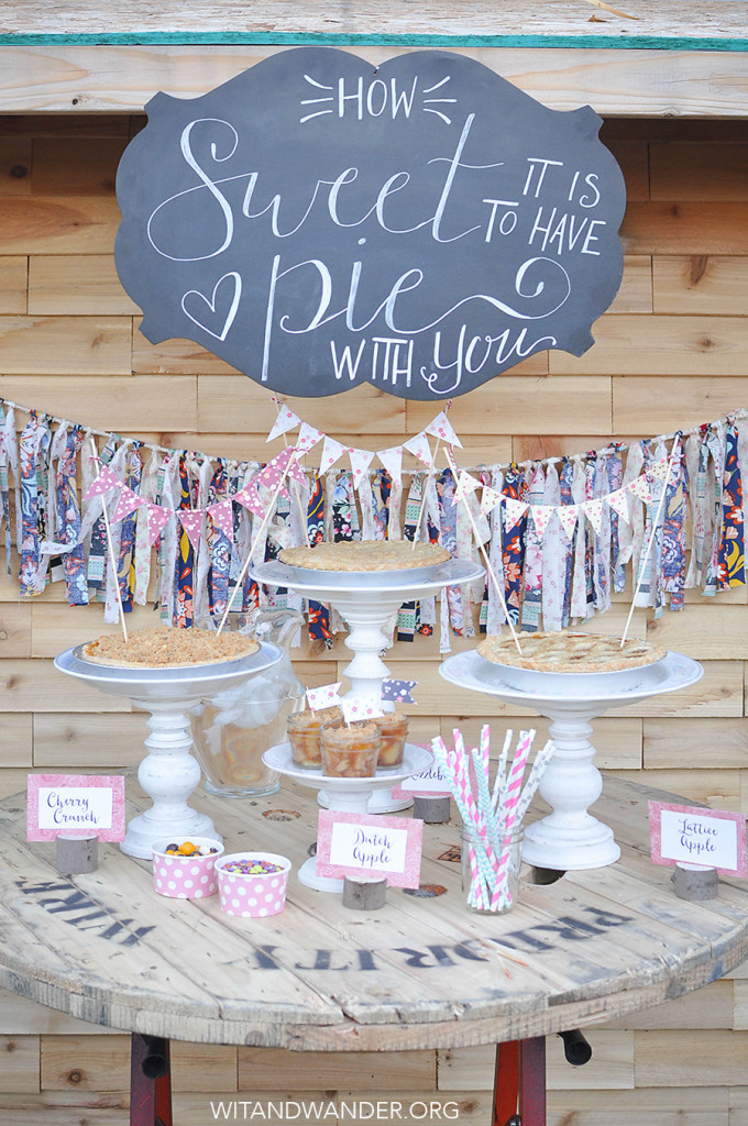 Pie Bar Party: How sweet it is to have pie with you! This sweet vintage floral Pie Bar Party with DIY Cake Stands, Apple Pie in a Jar, and Free Printables like Party Invitations, Mini Bunting, and Toothpick Flags.