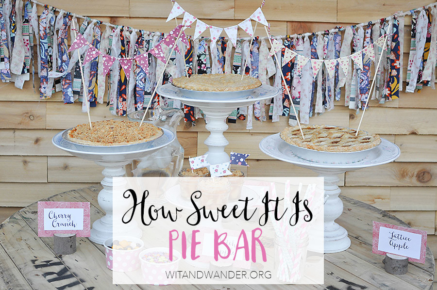 Pie Bar Party: How sweet it is to have pie with you! This sweet vintage floral Pie Bar Party with DIY Cake Stands, Apple Pie in a Jar, and Free Printables like Party Invitations, Mini Bunting, and Toothpick Flags.