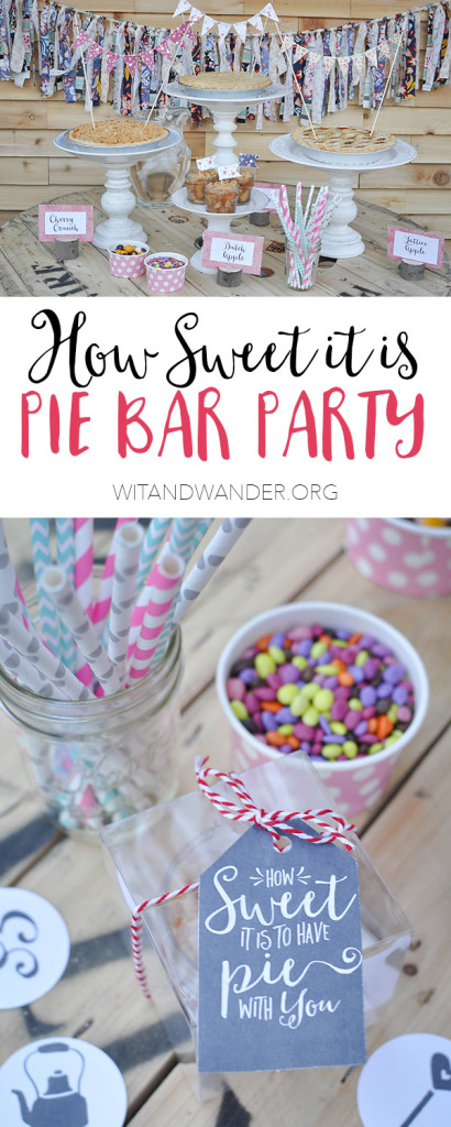 Pie Bar Party: How sweet it is to have pie with you! This sweet vintage floral Pie Bar Party with DIY Cake Stands, Apple Pie in a Jar, and Free Printables like Party Invitations, Mini Bunting, and Toothpick Flags.