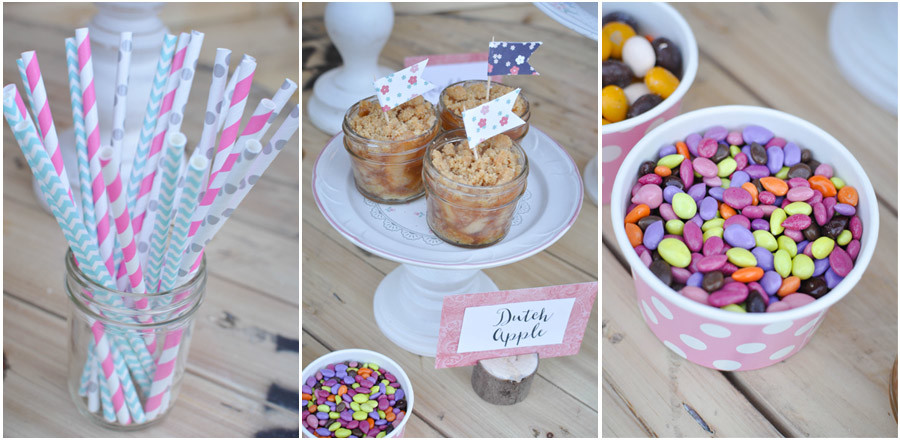 Pie Bar Party: How sweet it is to have pie with you! This sweet vintage floral Pie Bar Party with DIY Cake Stands, Apple Pie in a Jar, and Free Printables like Party Invitations, Mini Bunting, and Toothpick Flags.