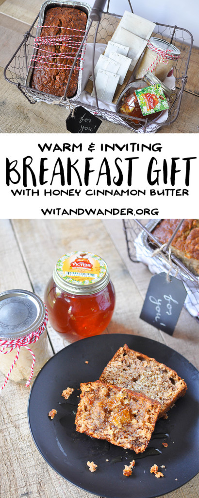 A sweet Breakfast Gift Basket Idea with banana bread, whipped honey cinnamon butter, Don Victor Honey, and assorted teas that will make someone feel the warmth of the holiday season.