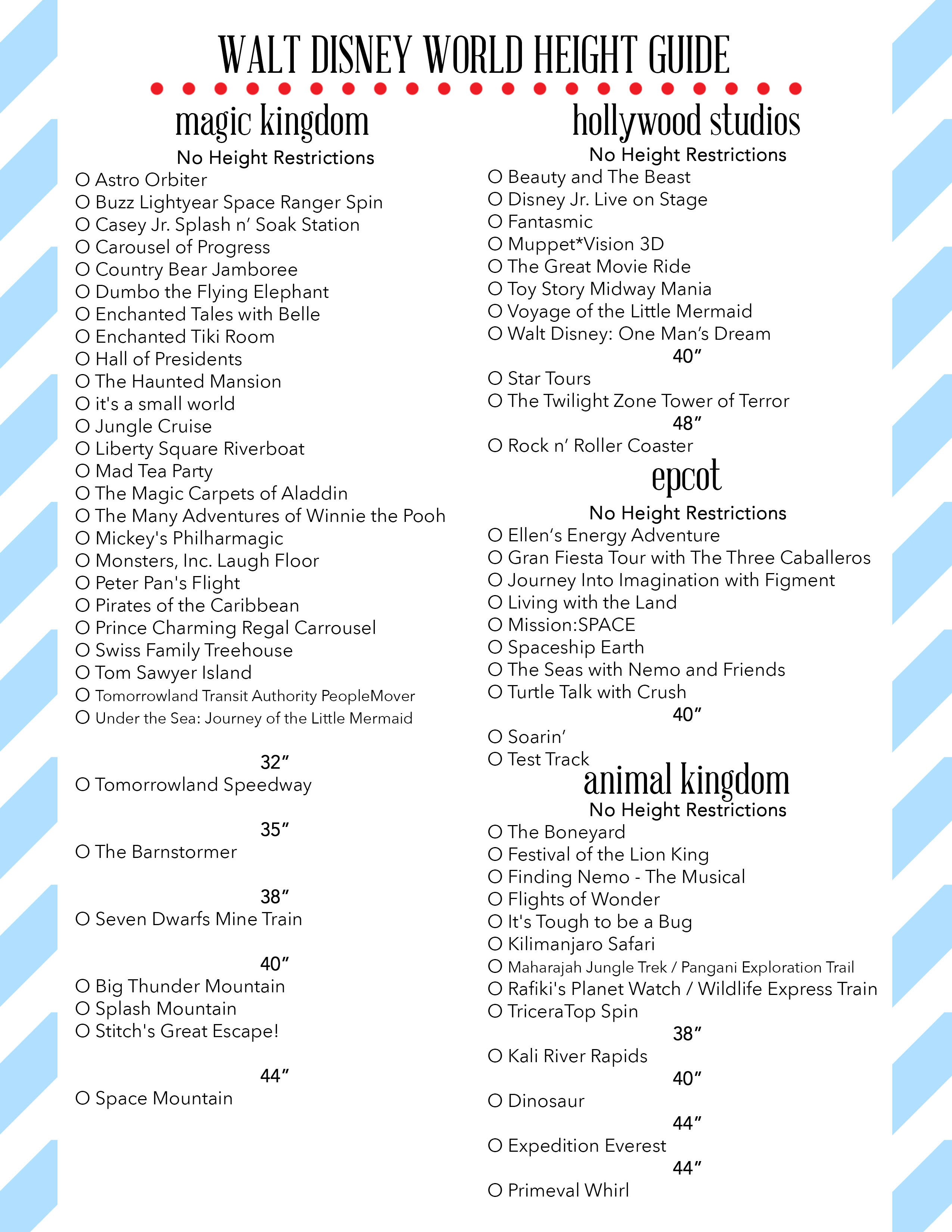 Free Printable Height Guide to Rides at Disney World Our