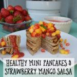 Healthy mini pancakes with mango strawberry salsa and strawberry sauce