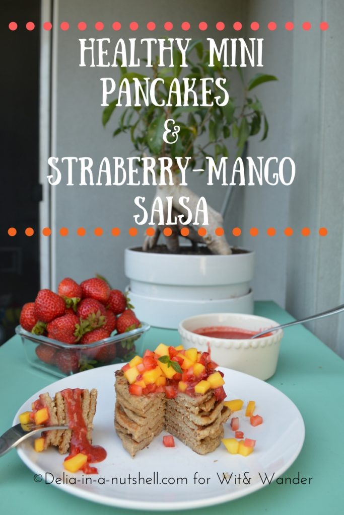 Healthy mini pancakes with mango strawberry salsa and strawberry sauce
