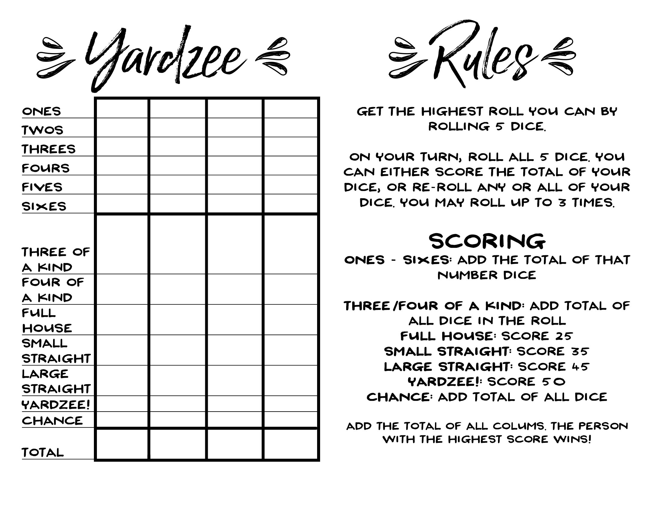 Yahtzee Printable Rules