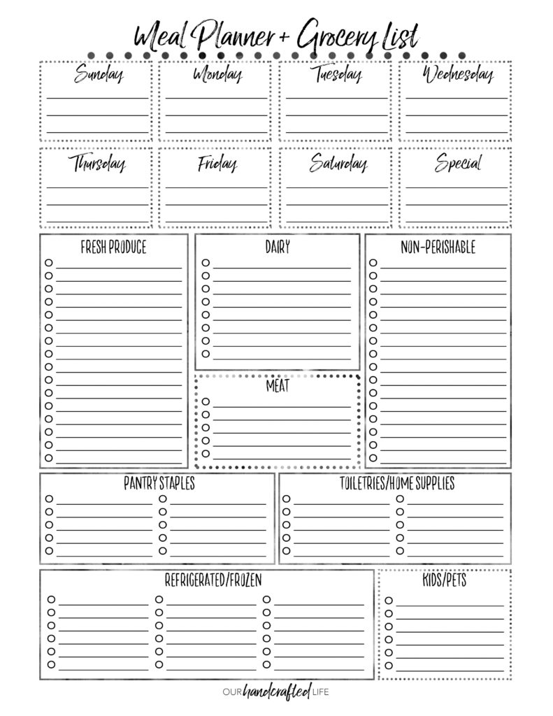 free printable grocery list and meal planner