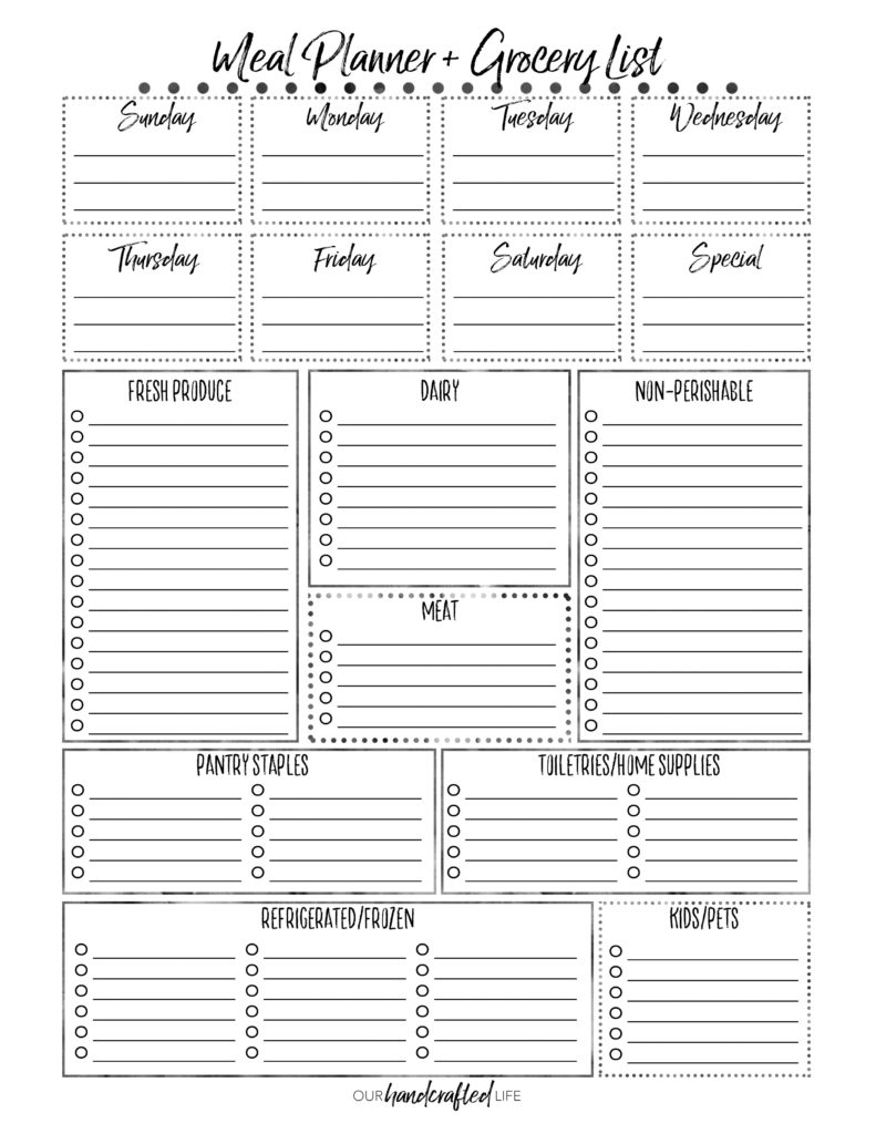 free printable meal planner with grocery list