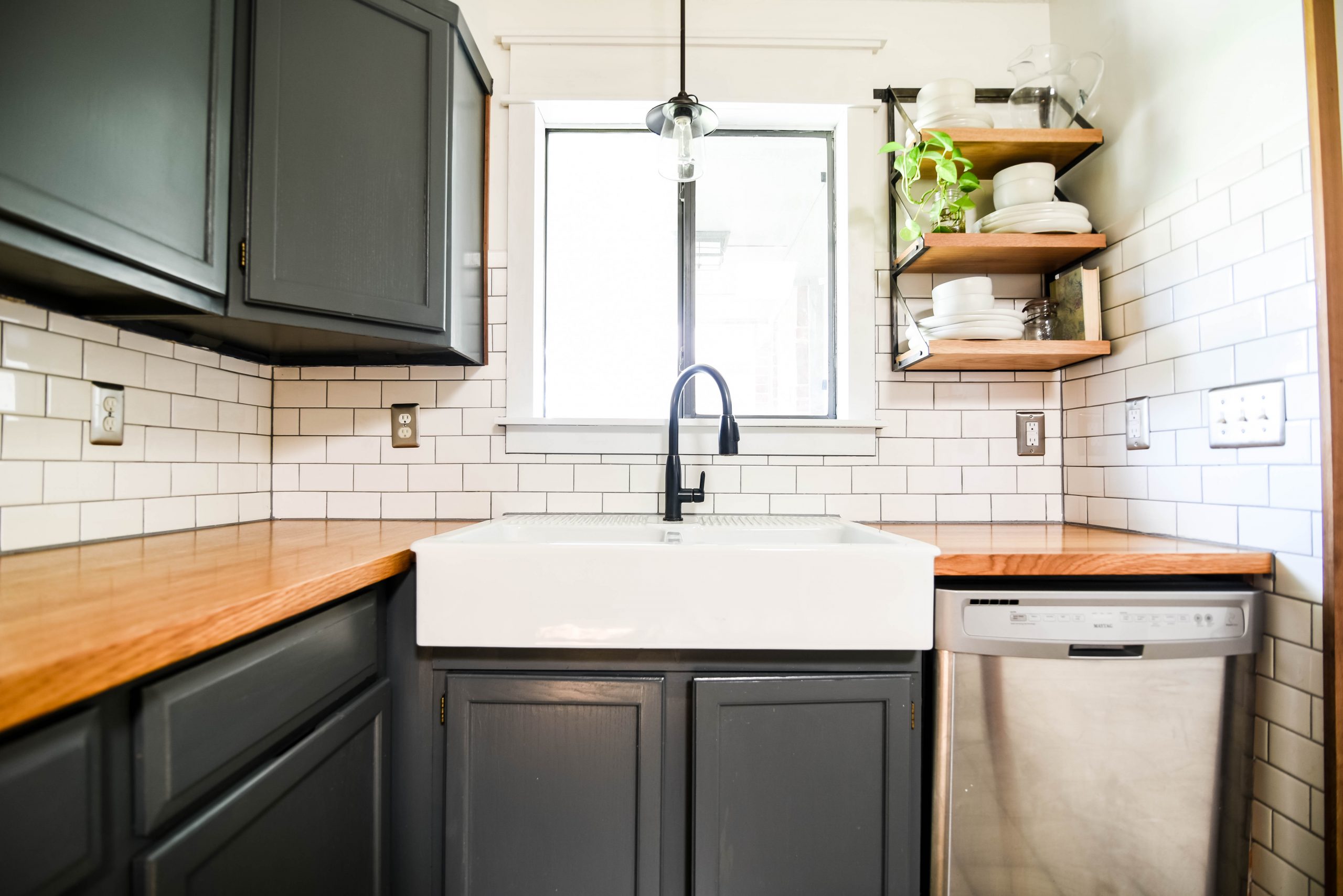 kitchen with subway tile half wall